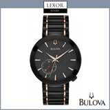 The Bulova 98A188 Latin Grammy® men’s watch features a black stainless steel strap, textured black dial, slim hour markers, and a 6 o’clock subdial. Displayed on white with LEXOR MIAMI and Bulova Watches logos above and below.