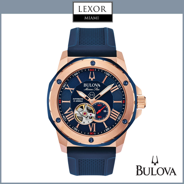 Reloj automático Bulova 98A227 Marine Star con correa de silicona azul para hombre