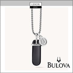 The Bulova Jewelry Neck Dial Classic J96N007 is a stainless steel chain necklace with a black onyx pendant and round silver Bulova tuning fork charm, displayed with LEXOR MIAMI at the top and the BULOVA logo at the bottom right.