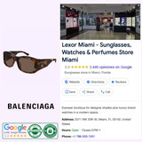 Balenciaga BB0001S 002 sunglasses sit next to store details for a Miami eyewear shop, showing an interior photo, five-star rating, address, hours, and contact buttons.