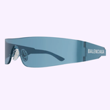 Balenciaga BB0041S-014 99 Sunglasses are blue-tinted, futuristic wraparound shades featuring the BB0041S-014 logo printed in white on the side of the temple, embodying the cutting-edge style synonymous with Balenciaga Sunglasses.