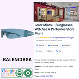 Balenciaga BB0041S-014 99 Sunglasses from Balenciaga Sunglasses, showcased alongside a Google Maps listing for Lexor Miami with 5-star reviews, store interior photos, and contact details. Features include Google Reviews, Authenticity badges, and the Balenciaga logo on a light background—ideal for anyone looking for genuine designer sunglasses.
