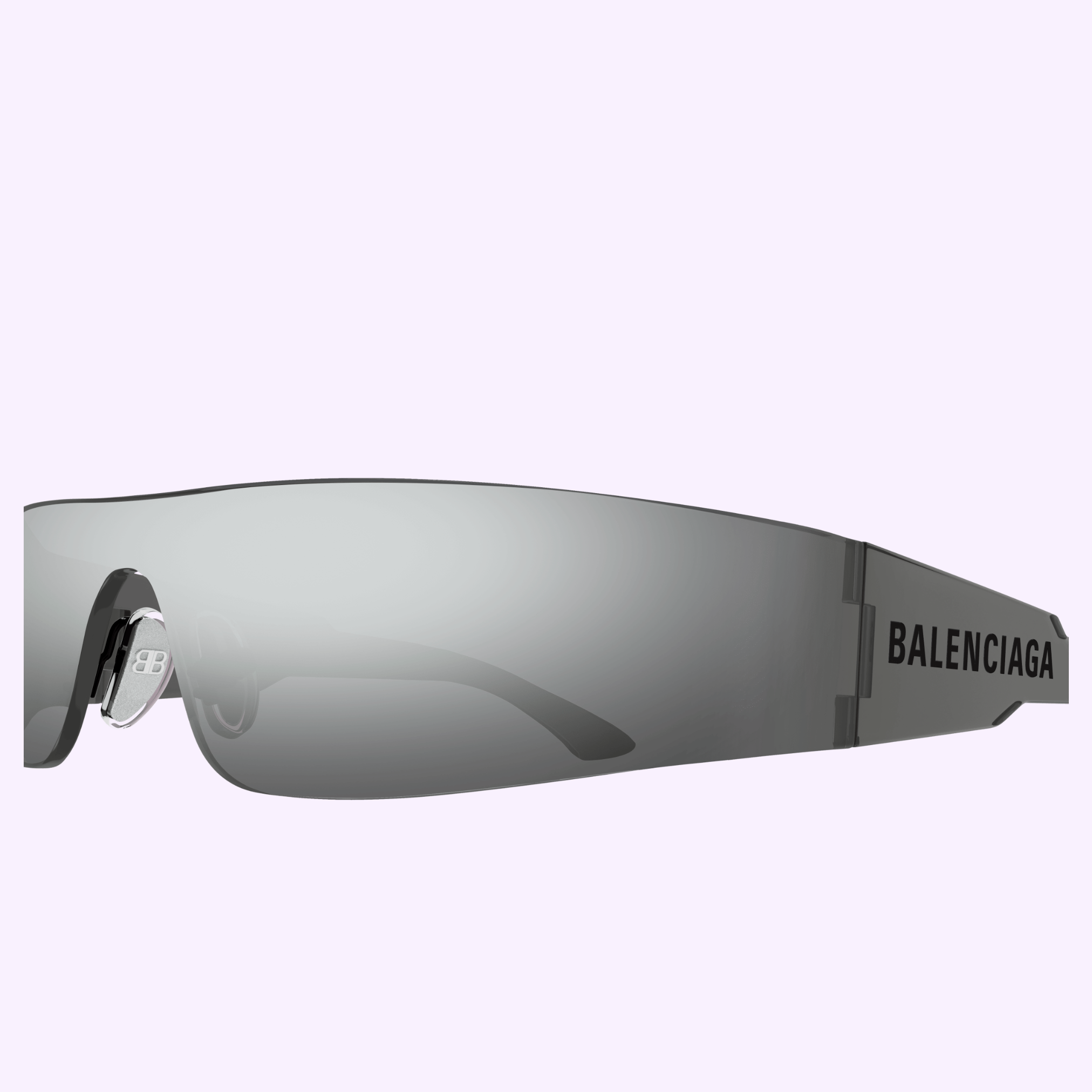 Close-up of Balenciaga Sunglasses BB0041S-002 99 in wraparound gray design, featuring “BALENCIAGA” in black on the side, set against a pastel background—a statement piece for bold designer eyewear lovers.