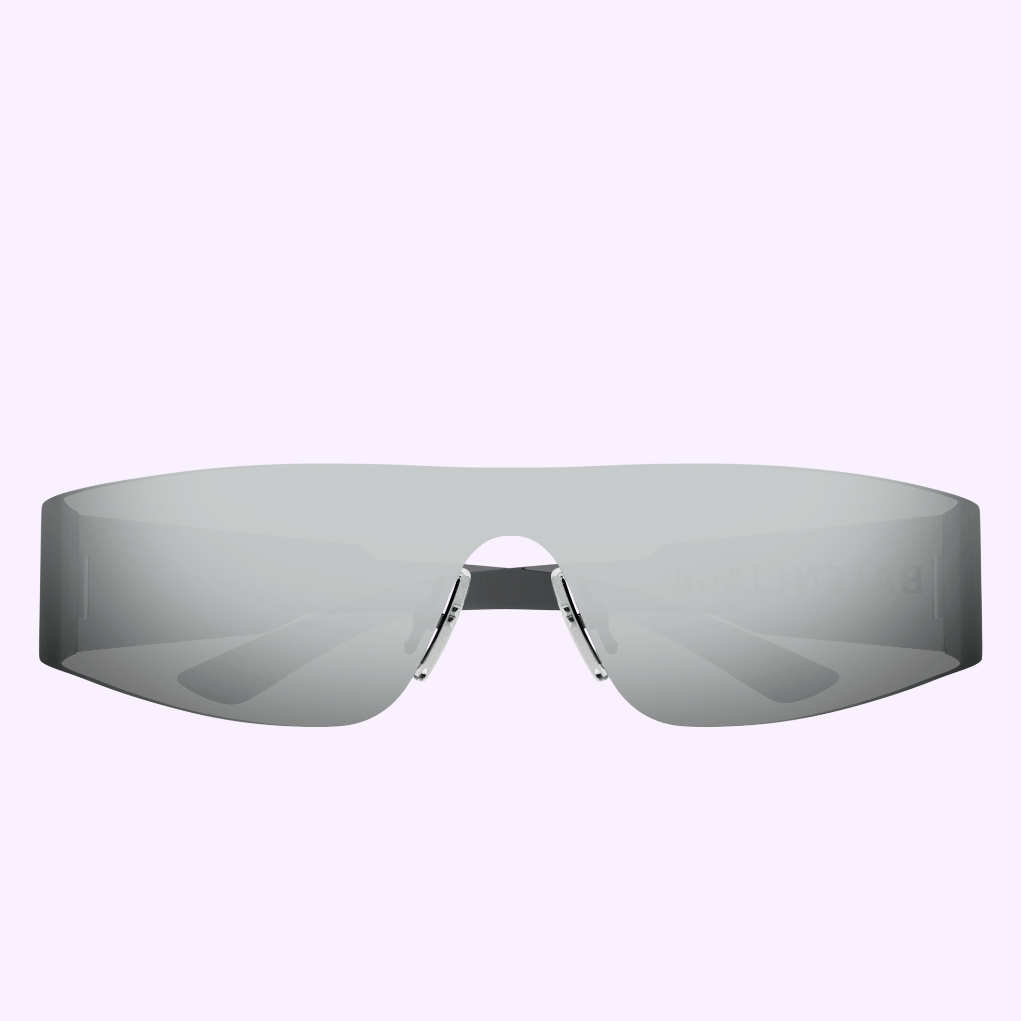 Sleek, futuristic Balenciaga Sunglasses BB0041S-002 99 with a single gray lens and thin metal arms, shown on a light purple background—designer eyewear that stands out.