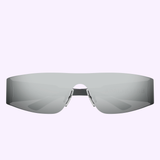 Sleek, futuristic Balenciaga Sunglasses BB0041S-002 99 with a single gray lens and thin metal arms, shown on a light purple background—designer eyewear that stands out.