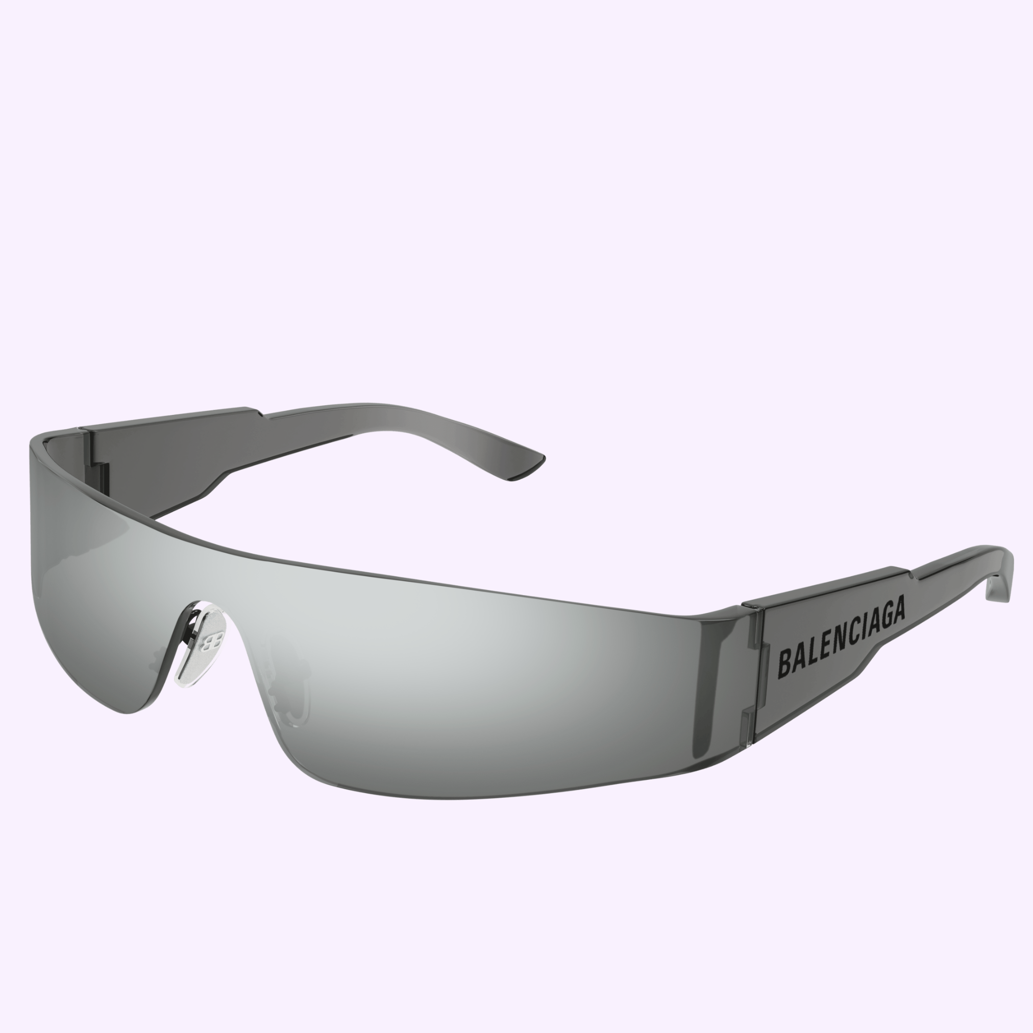 Balenciaga Sunglasses BB0041S-002 99 feature a futuristic single-lens design with reflective gray tint and black designer branding on the left temple, displayed against a light background.
