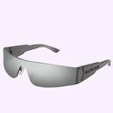 Balenciaga Sunglasses BB0041S-002 99 feature a futuristic single-lens design with reflective gray tint and black designer branding on the left temple, displayed against a light background.