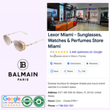 Gold-rimmed Balmain BRIGADE - I BPS-110C-52 Unisex Sunglasses with brown gradient lenses, displayed alongside a business listing for Lexor Miami including store information and Google review ratings.