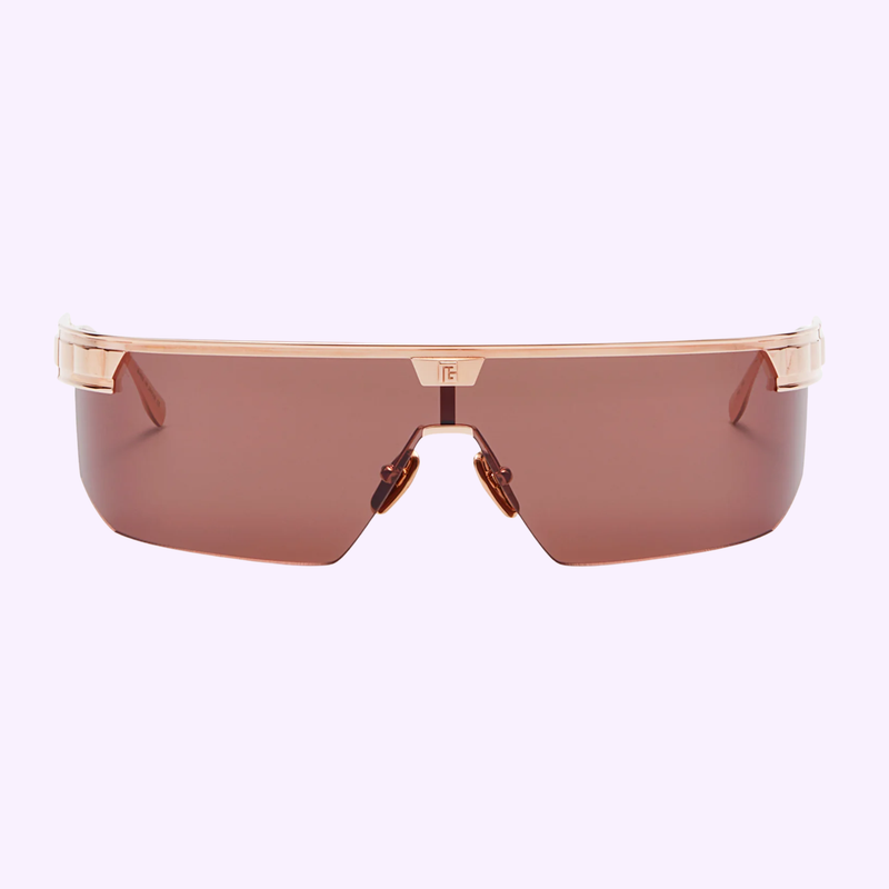 Balmain Major BPS-147C-142 unisex sunglasses, rose gold titanium shield frame with dark brown Black Flash Mirror lens, front view