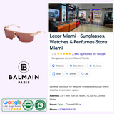 Collage displaying Lexor Miami’s Google listing, the Balmain Paris logo, a pink sunglass, and Google review icons—highlighting luxury eyewear such as the Balmain MAJOR BPS-147C-142 Unisex Sunglasses by Balmain Sunglasses, plus premium watches and perfumes at a Miami boutique with 5-star reviews.