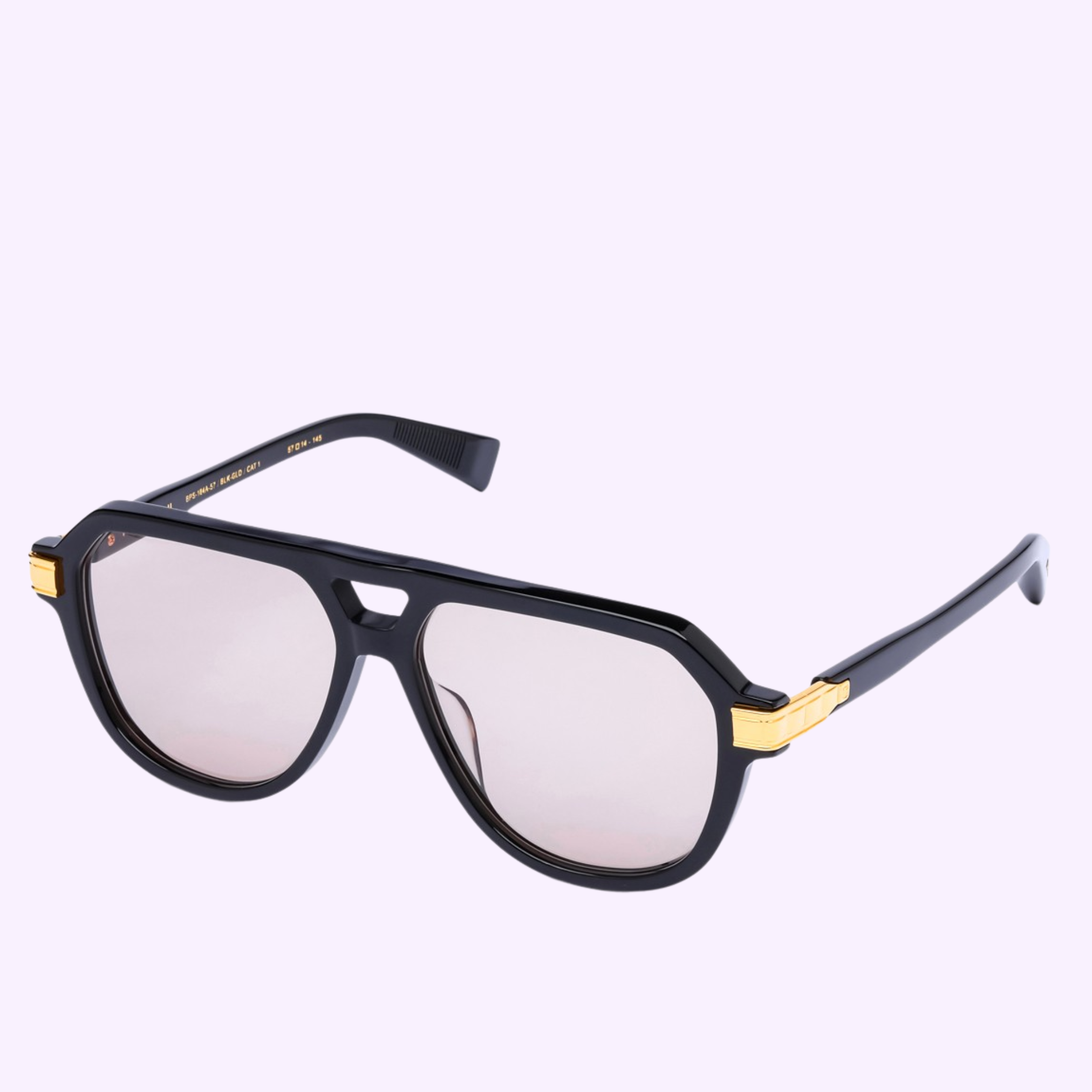 Balmain Sunglasses FRANCOISE - II BPS-184A-57 Unisex feature a geometric aviator design with light-tinted lenses and gold temple accents, shown against a lavender background—ideal designer eyewear for a standout look.