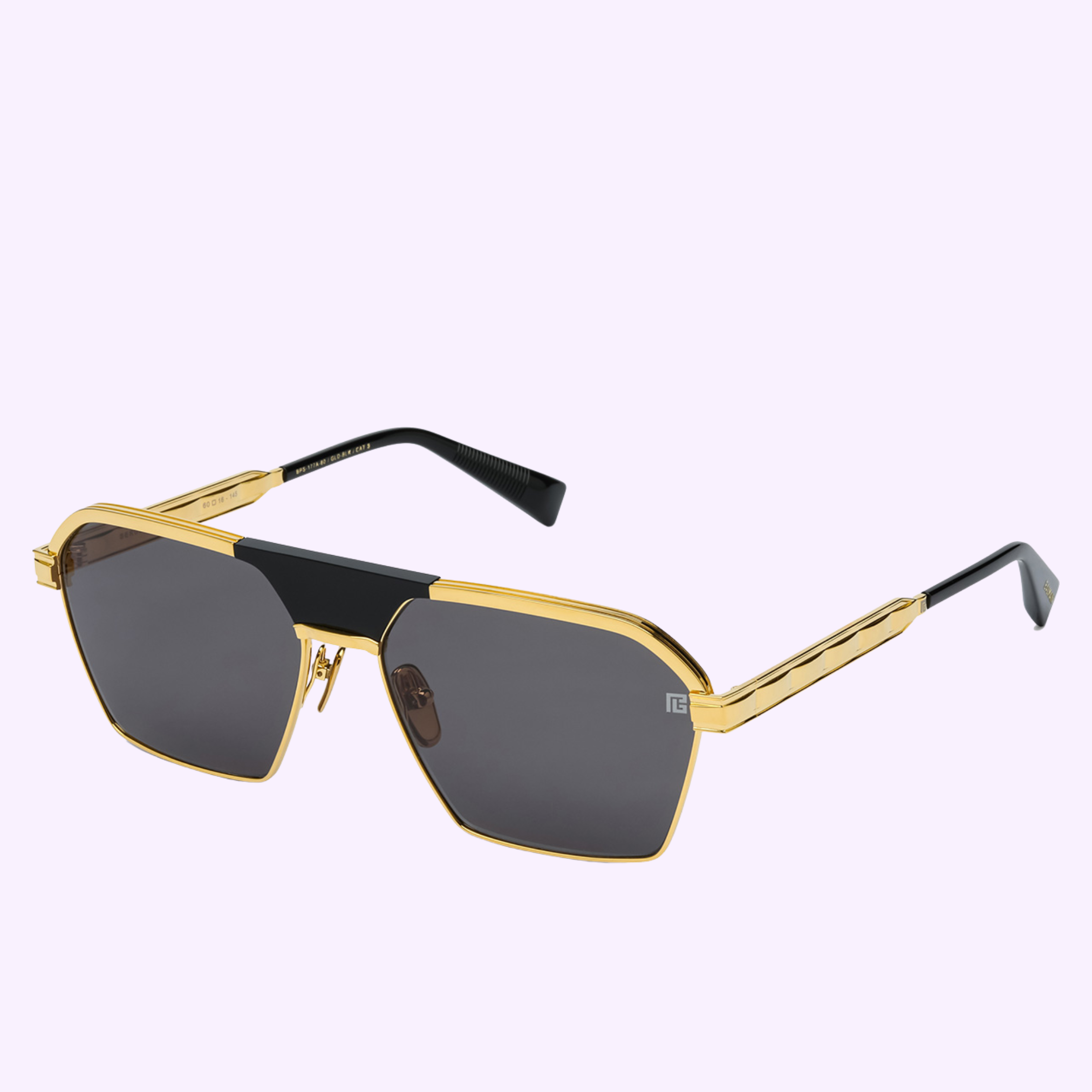 The Balmain Sunglasses SERGEANT BPS-177A-60 feature gold-rimmed geometric frames, black-tinted lenses, and a black bridge, inspired by Brigade VII aviators, displayed against a light purple background.