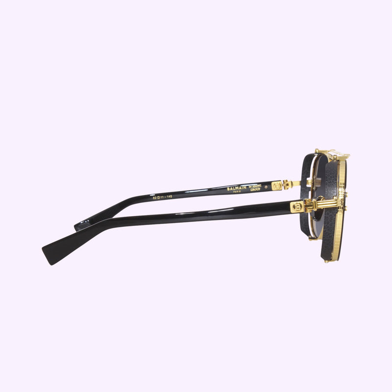 Authentic Balmain Captaine BPS-125A-62 designer sunglasses in gold and black with oversized aviator silhouette