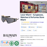 Collage featuring Balmain BPS-138A-141 FLECHE Unisex Sunglasses, the Balmain Sunglasses logo, Google ratings, an Authentic badge, store contact details, and images of Lexor Miami’s modern eyewear boutique interior. Showcasing stylish unisex sunglasses with advanced UV protection for a safe and fashionable eyewear experience.