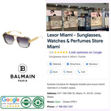 A collage featuring Balmain Sunglasses PREMIER BPS-155A-61 Unisex—including oversized rectangular frames—alongside the Balmain Paris logo, Lexor Miami store information, customer reviews, and authenticity badges with high ratings. The display also includes store hours, address, and phone number, highlighting a curated assortment of luxury unisex sunglasses from Balmain Sunglasses.