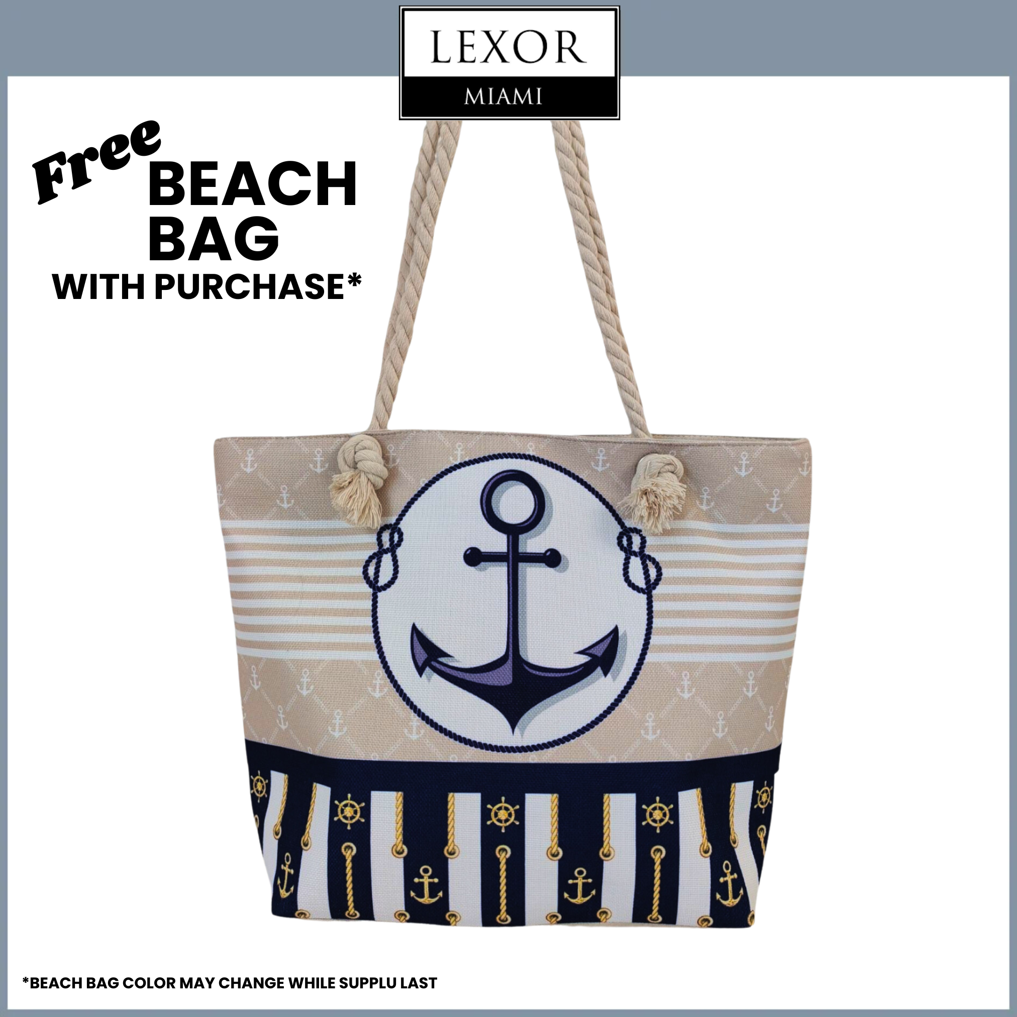 Get a free nautical-themed beach bag with rope handles and anchor design on a Lexor Miami promo banner when you purchase Dior Sauvage 3.4 oz Men Perfume Spray by Dior Perfumes (3348901486385). Ideal for carrying your favorite fragrance.