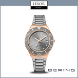 The Bering Watches Classic polished/brushed rose gold 18936-769 for women features minimalist Danish design, a silver and rose gold case and band, gray dial with crystal markers, date display, and Bering logo. Lexor Miami and Bering brand logos are shown.