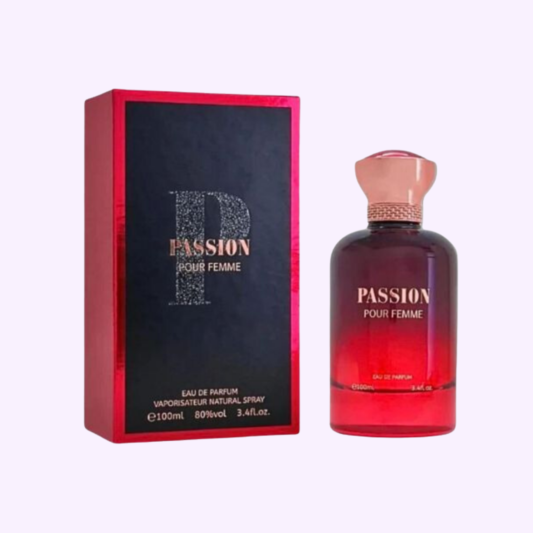 A red and pink gradient Bharara Passion 3.4 EDP Sp Women bottle by Al Haramain Perfumes stands beside its matching box with a large P, containing 100ml eau de parfum spray for women.