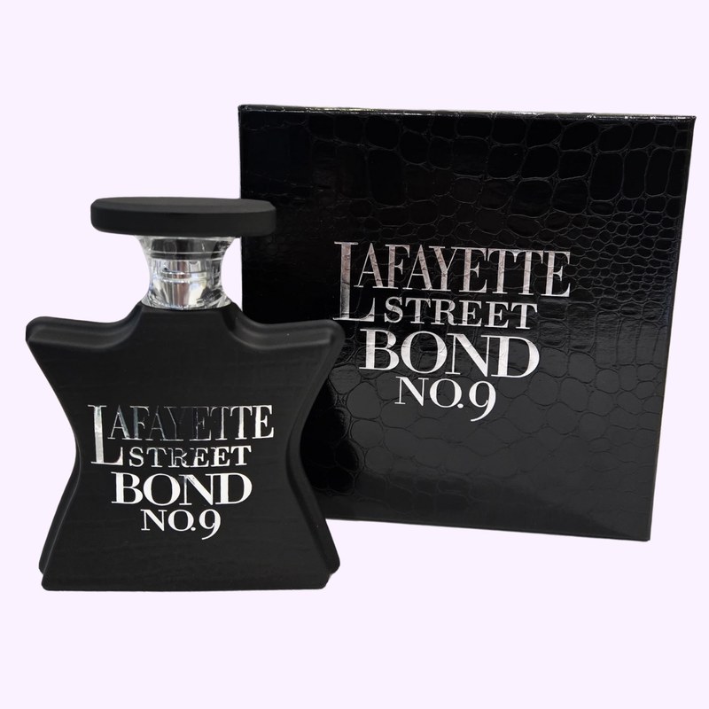 Bond No. 9 Lafayette Street 3.4oz EDP, black star-shaped bottle beside its textured black and silver box
