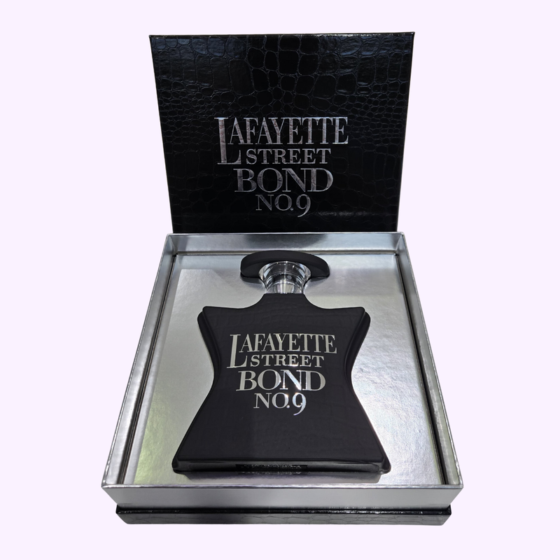 Bond No. 9 Lafayette Street 3.4oz EDP bottle resting in its open textured black and silver presentation box