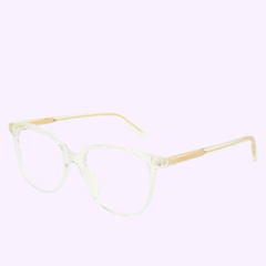 Clear-framed unisex acetate Bottega Veneta BV1023O-005 52 optical frames with gold-colored arms from Bottega Veneta Sunglasses, displayed on a light purple background.