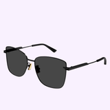 The Bottega Veneta BV1237S-001 57 Sunglass WOMAN METAL features black square frames with dark lenses and slim metal arms, beautifully set against a light purple background—an epitome of women’s designer eyewear from Bottega Veneta Sunglasses, inspired by iconic Italian craftsmanship.