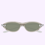 The Bottega Veneta Sunglasses BV1390S-005 56 feature gray cat-eye frames with green-tinted lenses and silver temple embellishments, handcrafted to embody the luxury and distinctive style of Bottega Veneta, shown here against a pale lavender background.