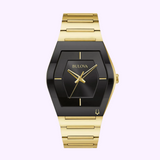 A Bulova Watches 97A164 Unisex Stainless-Steel wristwatch with a gold band and black angular face, gold hands and markers, is set against a light purple background.