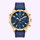 Front View Bulova 97B168 Blue Marine Star Leather Chronograph Watch