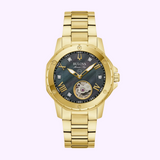 The Bulova 97P171 Marine Star Automatic ladies watch features a gold bracelet, green dial, open-heart display at 6 o'clock, and gold Roman numerals—a stunning choice from Bulova Watches.