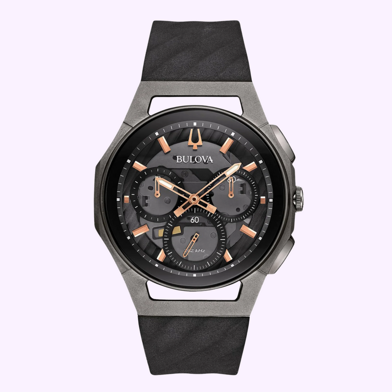 Bulova 98A162 CURV Chronograph men's watch with dark gray exhibition dial, rose gold-tone hands and black rubber strap