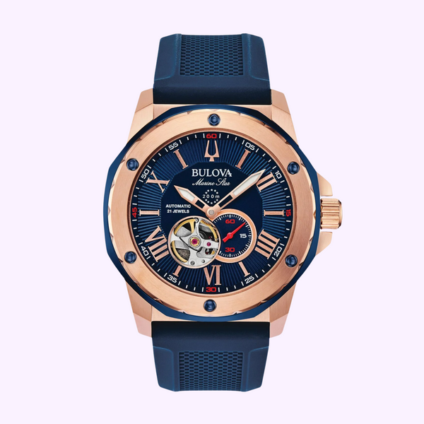 Bulova 98A227 Marine Star Automático Azul Silicone Strap Relógios Masculinos