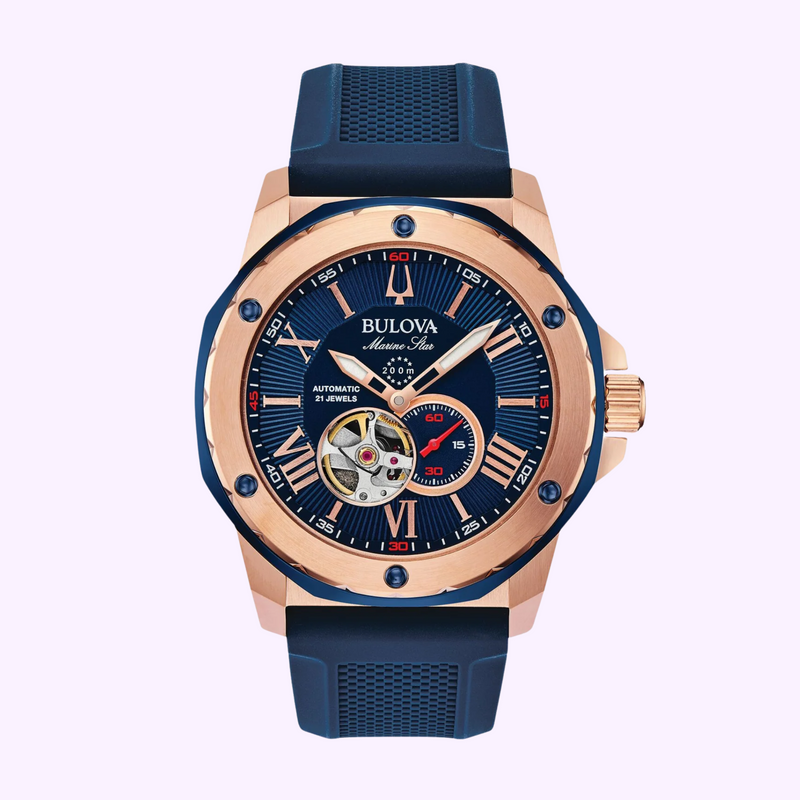 Bulova 98A227 Marine Star Automático Azul Silicone Strap Relógios Masculinos
