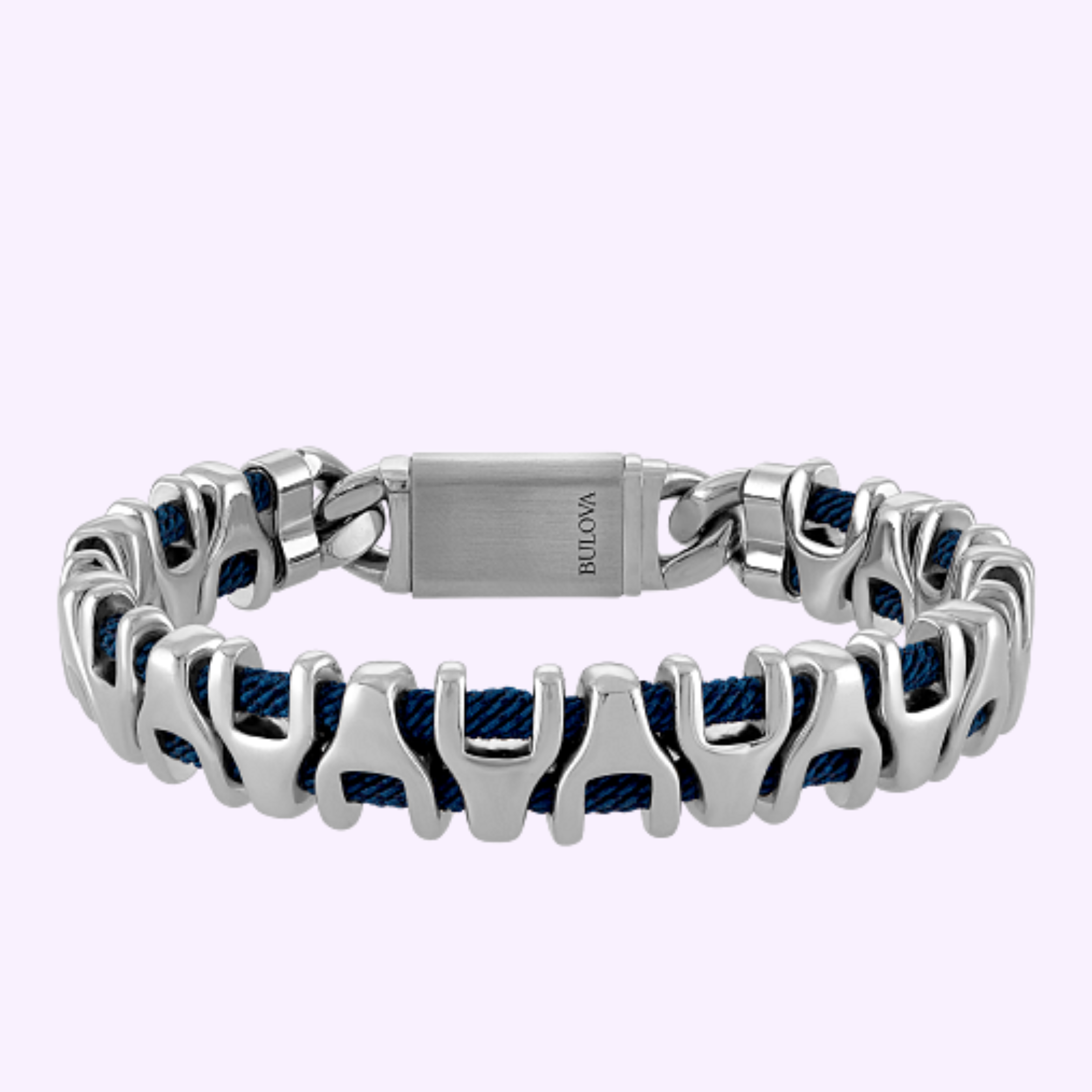 The Bulova Watches Link™ Bracelet BVB1193-NVSTNA features interlocking silver-toned links with blue accents and a rectangular BULOVA-engraved clasp, ideal for fans of Bulova jewelry. Displayed on a light background.