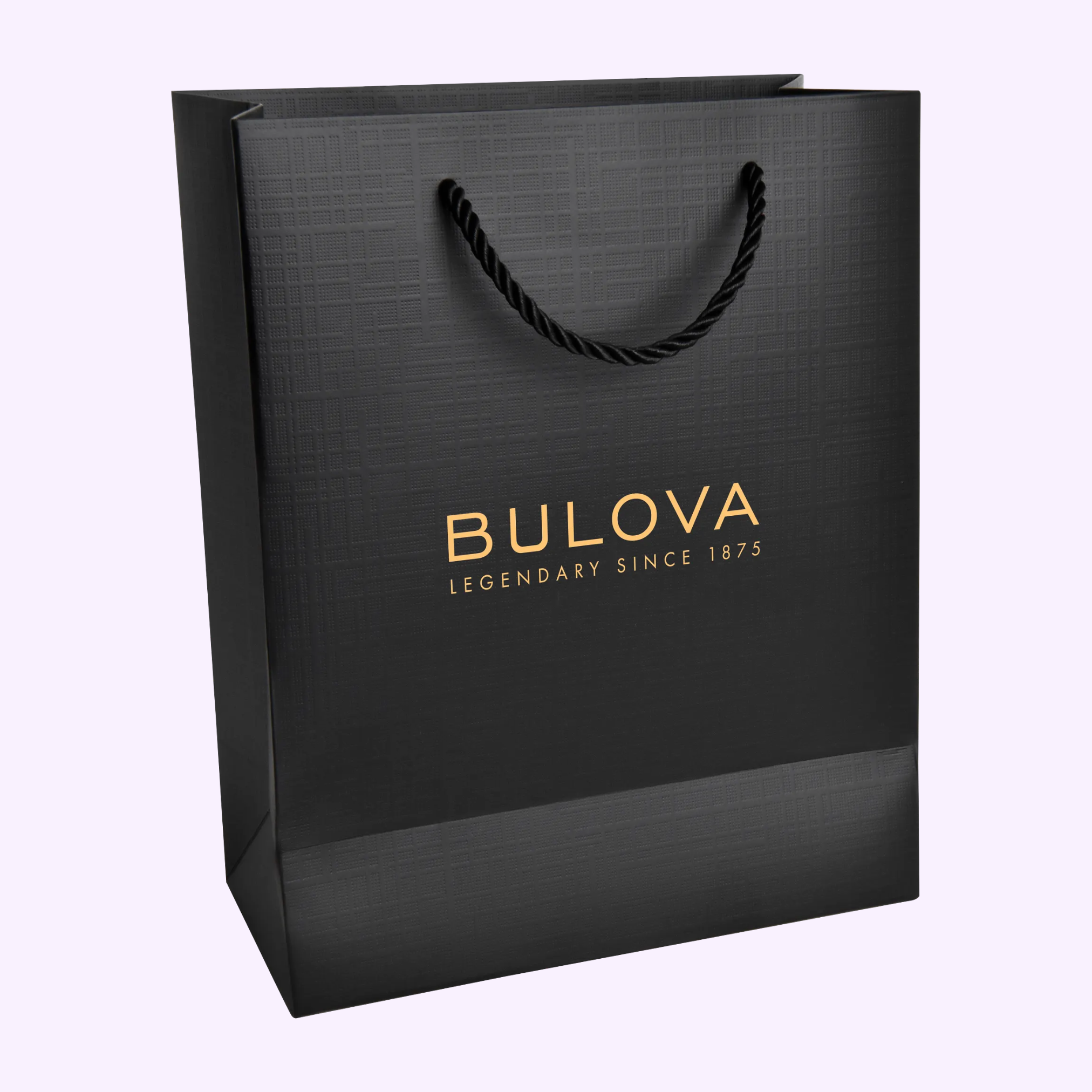 The Bulova Watches Legendary Since 1875 Shopping Bag 9G1094 is crafted from premium black laminated paper, features elegant black rope handles, and displays gold text reading “BULOVA LEGENDARY SINCE 1875” set against a light background.