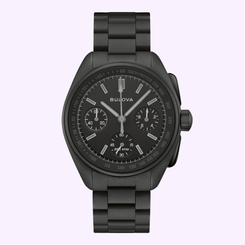 Bulova Lunar Pilot Black Hole 98A335 front view with Musou black dial