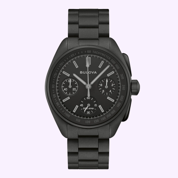 Bulova Lunar Pilot Black Hole 98A335 chronograph watch with Musou black dial 41mm stainless steel case and black PVD bracelet
