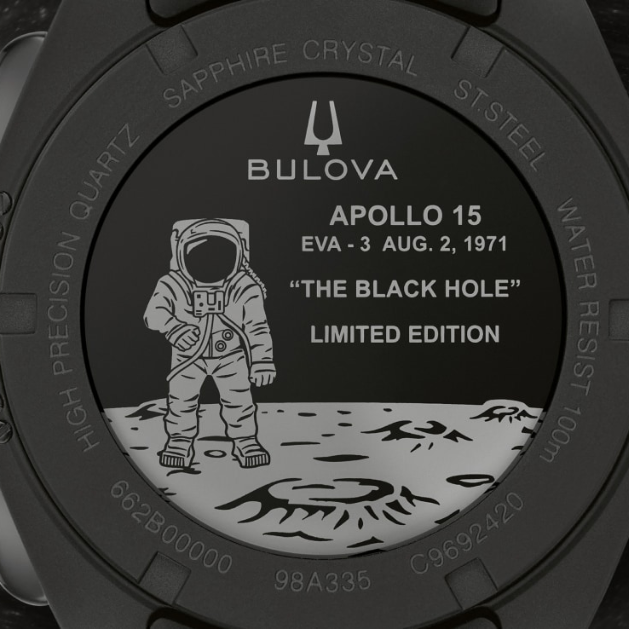 Close-up of the Bulova Watches Lunar Pilot Black Hole 98A335 Limited Edition watch back, featuring an astronaut etched on the moon, Apollo 15 references, and serial numbers—honoring this iconic timepiece.