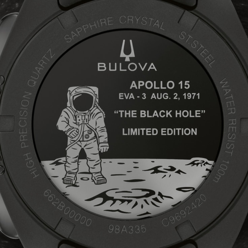 Bulova Lunar Pilot Black Hole 98A335 caseback Apollo 15 engraving