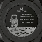 Close-up of the Bulova Watches Lunar Pilot Black Hole 98A335 Limited Edition watch back, featuring an astronaut etched on the moon, Apollo 15 references, and serial numbers—honoring this iconic timepiece.