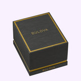 Black Bulova Watch Frank Sinatra Nothing But The Best 97B243 box with gold trim and the brand name printed on the lid and side.
