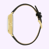 Side view of a rectangular Bulova Watch Frank Sinatra Nothing But The Best 97B243 gold-tone watch with a black leather strap and a gold-tone buckle.