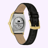 Gold-tone rectangular Bulova Watch Frank Sinatra Nothing But The Best 97B243 with an exhibition case back revealing the mechanical movement, featuring a black leather strap with a gold-tone buckle.