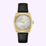 Bulova Watch Frank Sinatra Nothing But The Best 97B243 gold-tone watch with a silver dial, date window, and black leather strap.
