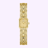 The Bulova Watches Goddess of Time 97P184 is a gold-tone stainless steel women’s watch with a rectangular face, textured dial, and linked bracelet band set against a light pink background.