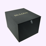 The Bulova Watch Goddess of Time 97P184 comes in a black, square Bulova Watches box with gold lettering and a front pull tab, set against a light background.