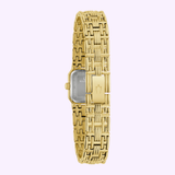 The Bulova Watches Goddess of Time 97P184, shown from the back with a gold-tone stainless steel rectangular face and woven link bracelet, features visible clasp and case back against a soft lavender background—a true statement accessory.