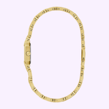 The Bulova Watches Goddess of Time 97P184 gold-tone stainless steel watch is shown laid flat and viewed from the side, with its face and band visible edge-on against a pale background.