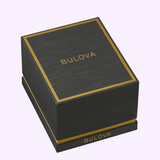 Black Bulova Watch Goddess of Time - Jackie 97L202 watch box with gold trim and gold lettering on the lid and front base.