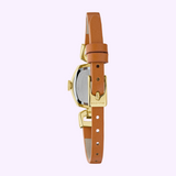 Side view of a Bulova Watch Goddess of Time - Jackie 97L202, featuring a gold-tone finish and a thin tan leather strap with a buckle.